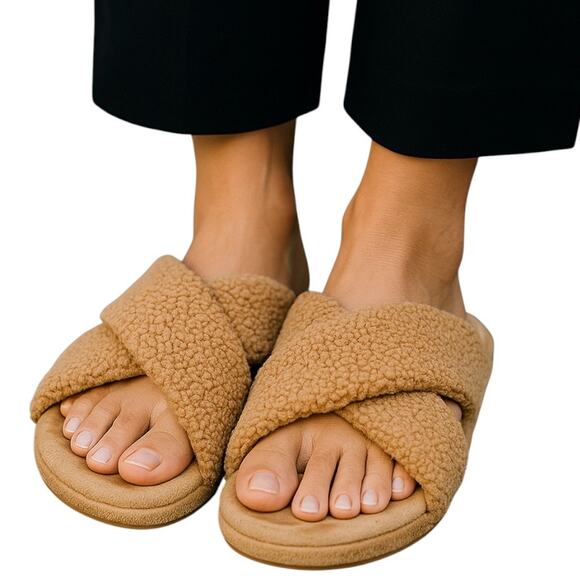 Deluxe Dearfoams Women's Tan Criss Cross‎ Open Toe Memory Foam Slippers Size 7-8 - Picture 1 of 11